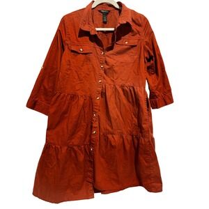 Rust Orange Button Down‎ Tier Ruffle Midi Dress Cotton Sz L Boho Cowgirl Peasant